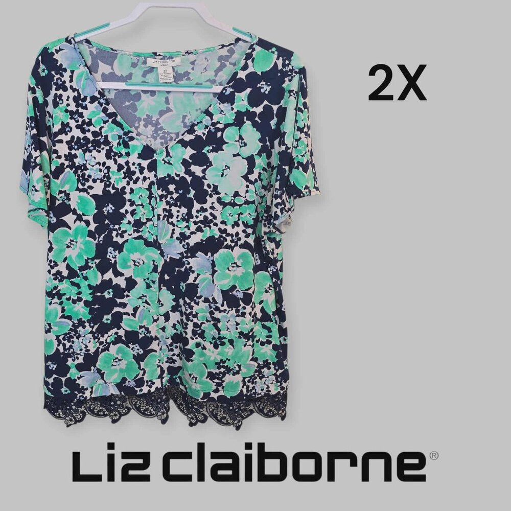 Liz Claiborne  Short  Sleeve V Neck Floral Lace Trim Blouse Top Womens Plus 2X